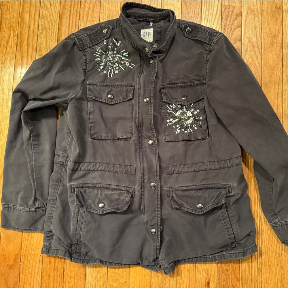 GAP Charcoal Button-Up Military Snowflake Sequin Beaded Jacket apres ski